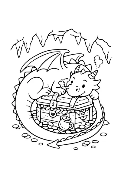 Coloring page of a friendly dragon curled around a treasure chest