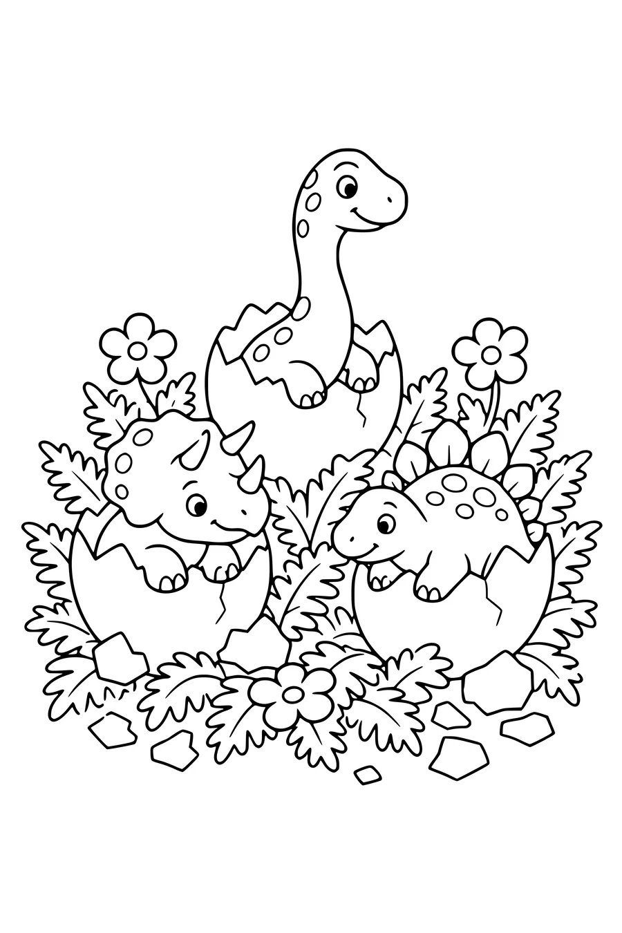 Medium coloring page of three different baby dinosaurs hatching from eggs