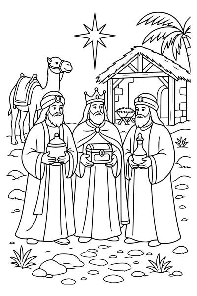 Free printable coloring page of three wise men at the nativity stable