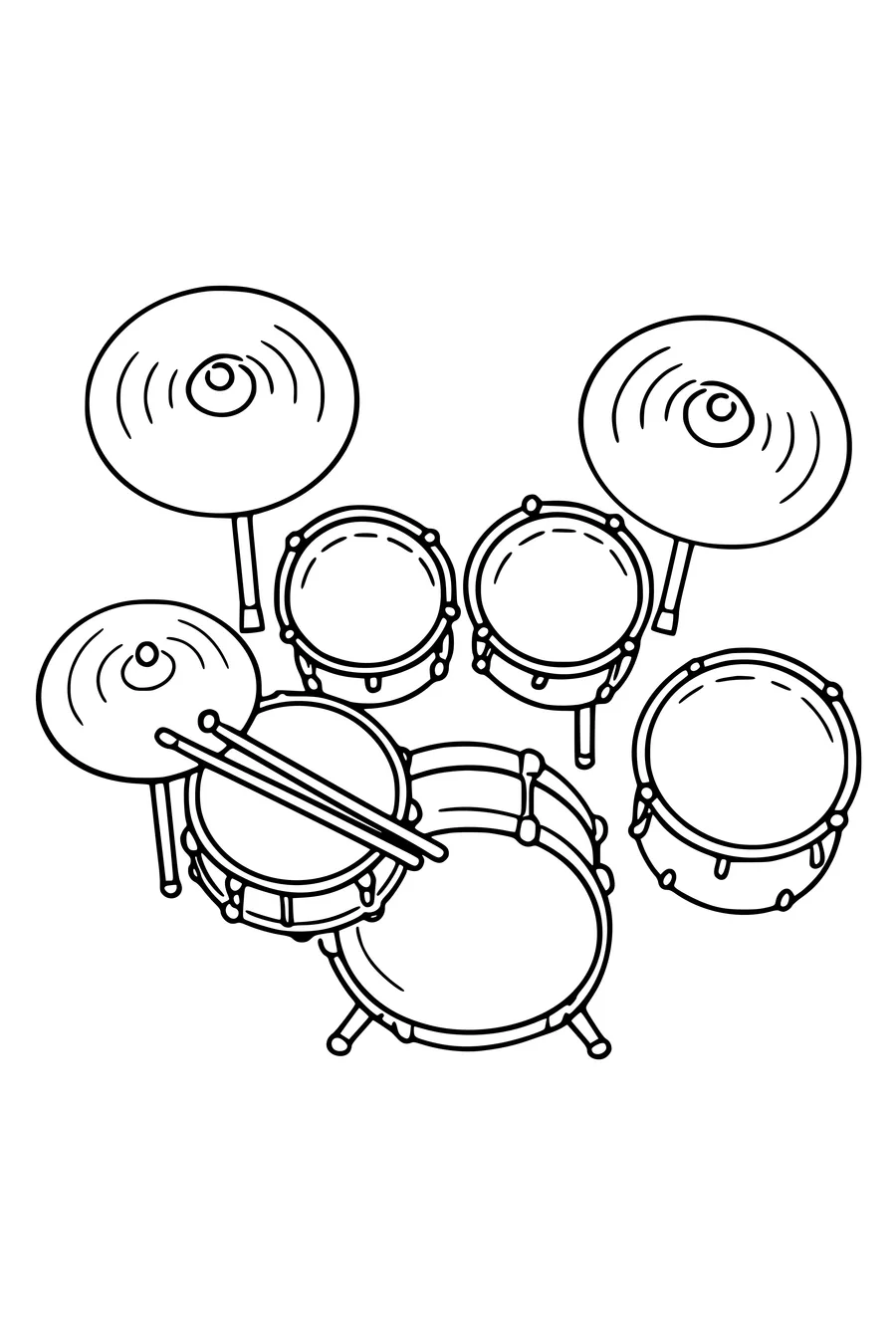 Coloring page of a drum kit seen from above with sticks