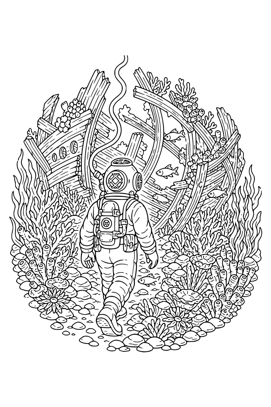 Coloring page of a diver in a brass helmet approaching a shipwreck