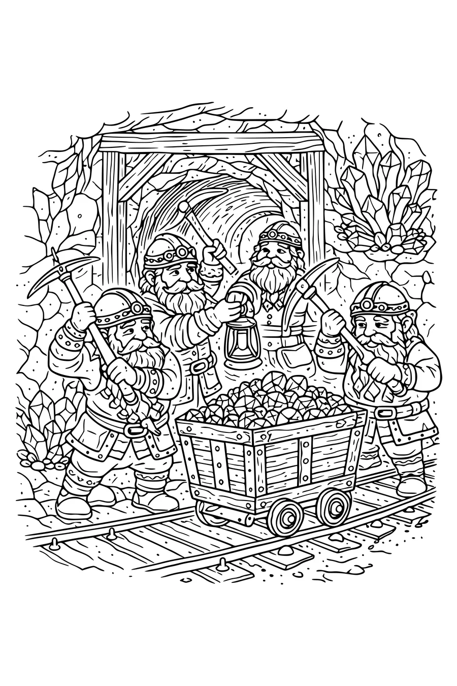 Coloring page of four dwarves mining with a cart of gems