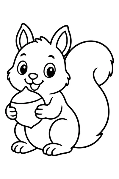 A simple seated squirrel holds one large hazelnut in its front paws.