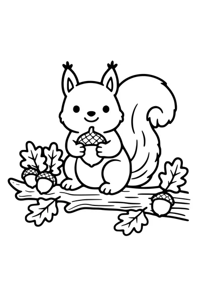 Coloring page of a squirrel holding an acorn on a branch