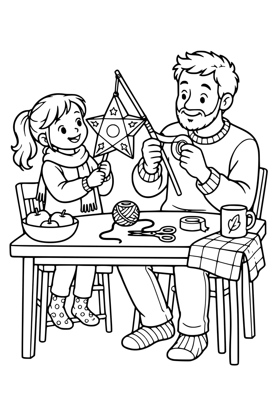 A child holds a star-shaped Saint Martin lantern while an adult repairs its handle at a kitchen table with string and tape.