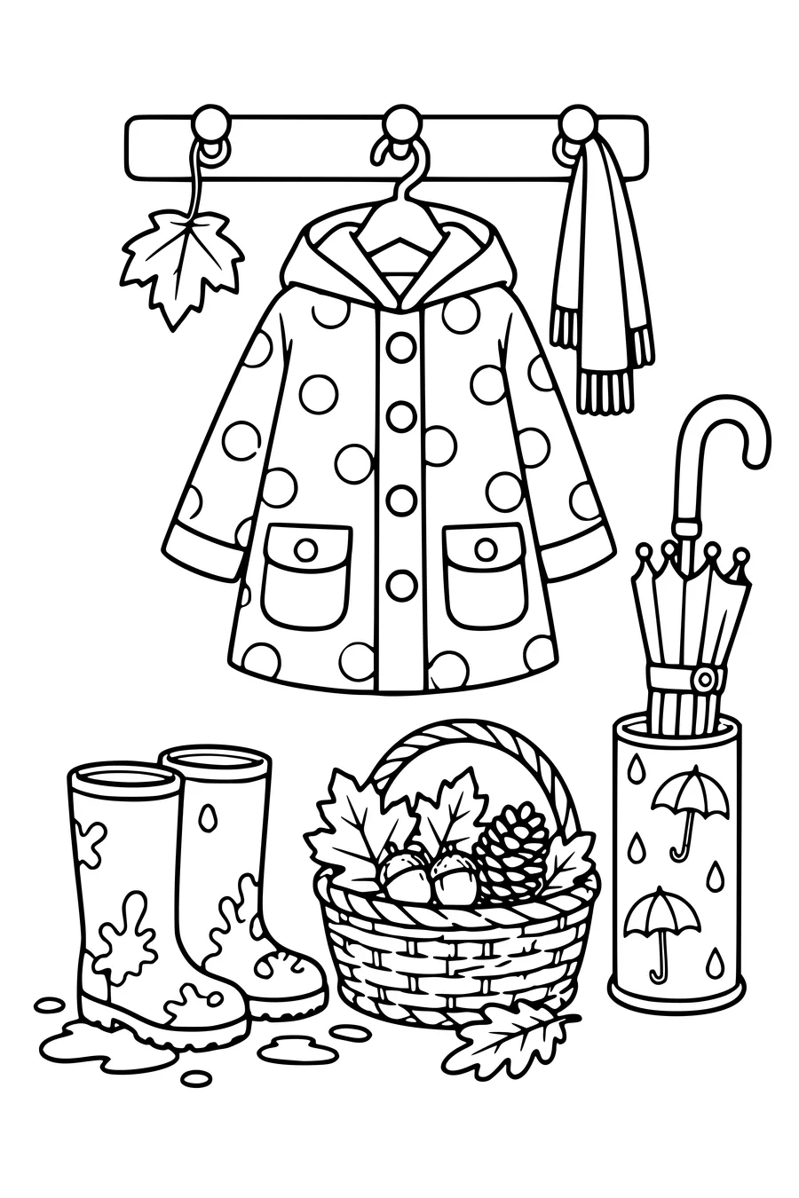 Un manteau de pluie humide pend au-dessus de bottes et d’un panier d’automne.