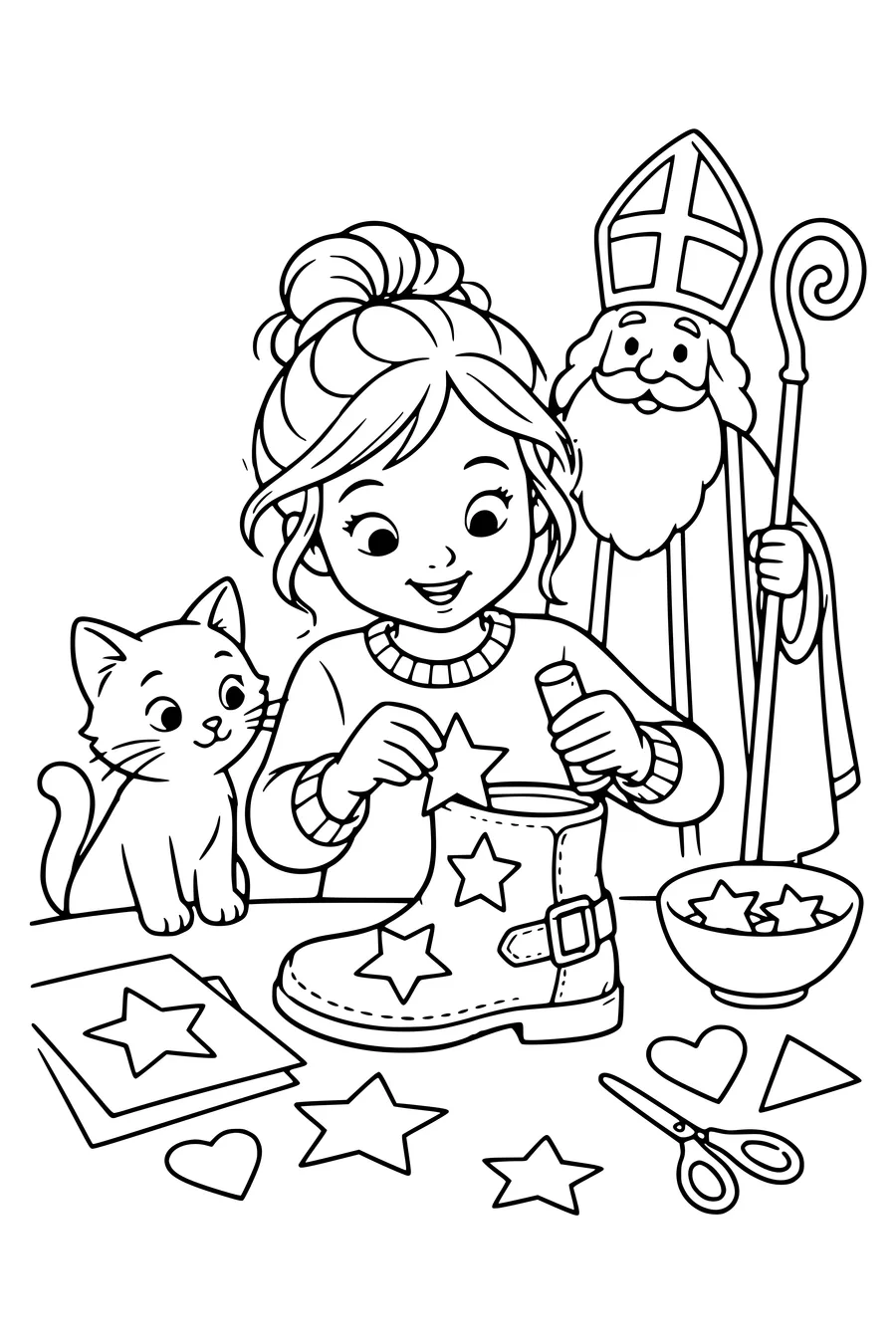 A child decorates an ankle boot with large paper stars for Saint Nicholas night, glue and broad paper shapes on a table.