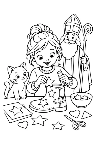 Een kind plakt grote papieren sterren op een schoen voor sinterklaasavond.