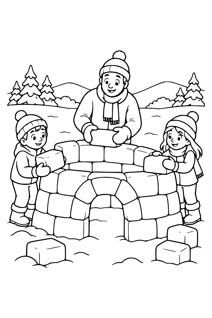 Kinderen bouwen een lage sneeuwhut van grote blokken op een open speelveld.