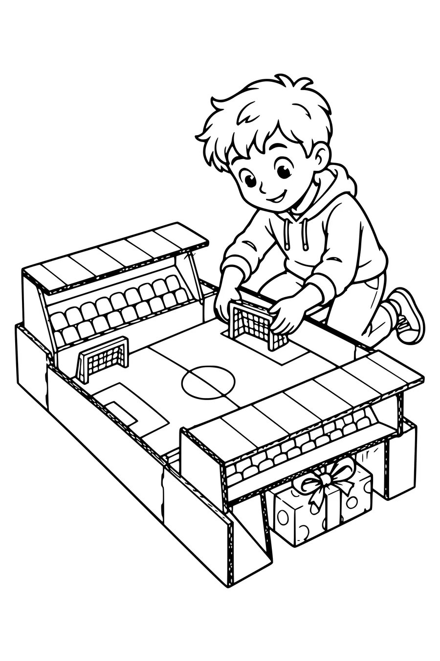 Sur une table, un stade en carton avec un cadeau sous les gradins.