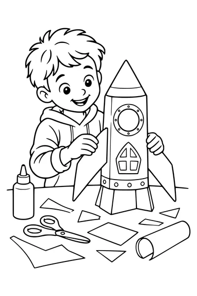 Een kind plakt vinnen op een kartonnen raket die een sinterklaascadeau verbergt.