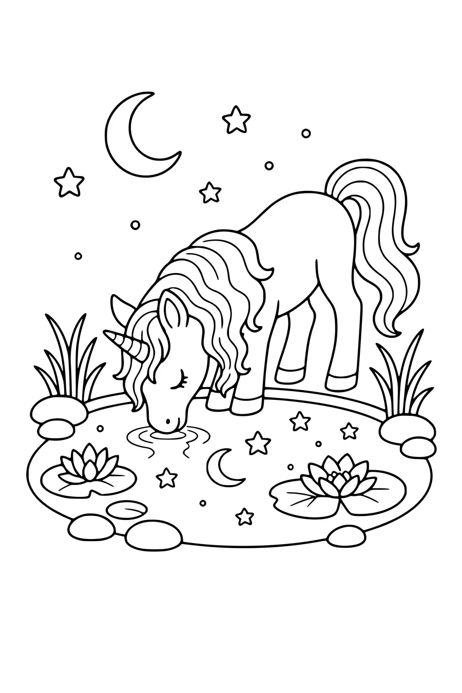 Medium coloring page of a young unicorn beside a star-reflecting pond