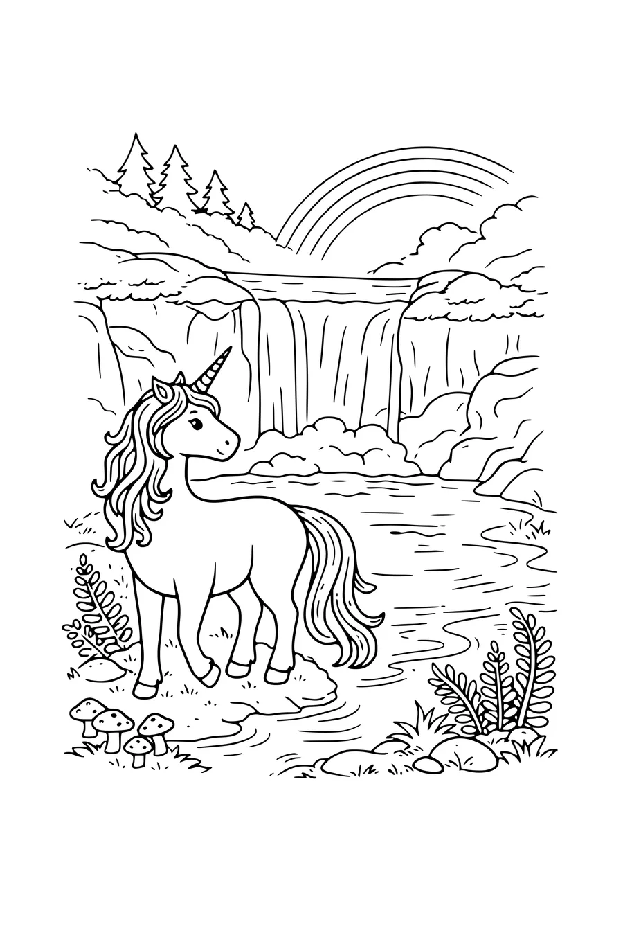 Coloring page of a unicorn at a forest pool with a waterfall and a rainbow
