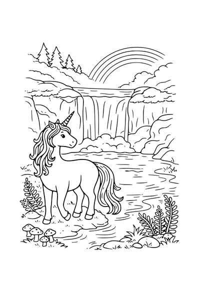 Coloring page of a unicorn at a forest pool with a waterfall and a rainbow