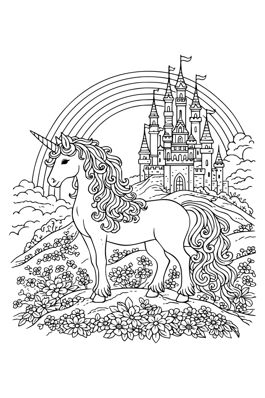 Coloring page of a unicorn on a hill with a castle and a rainbow