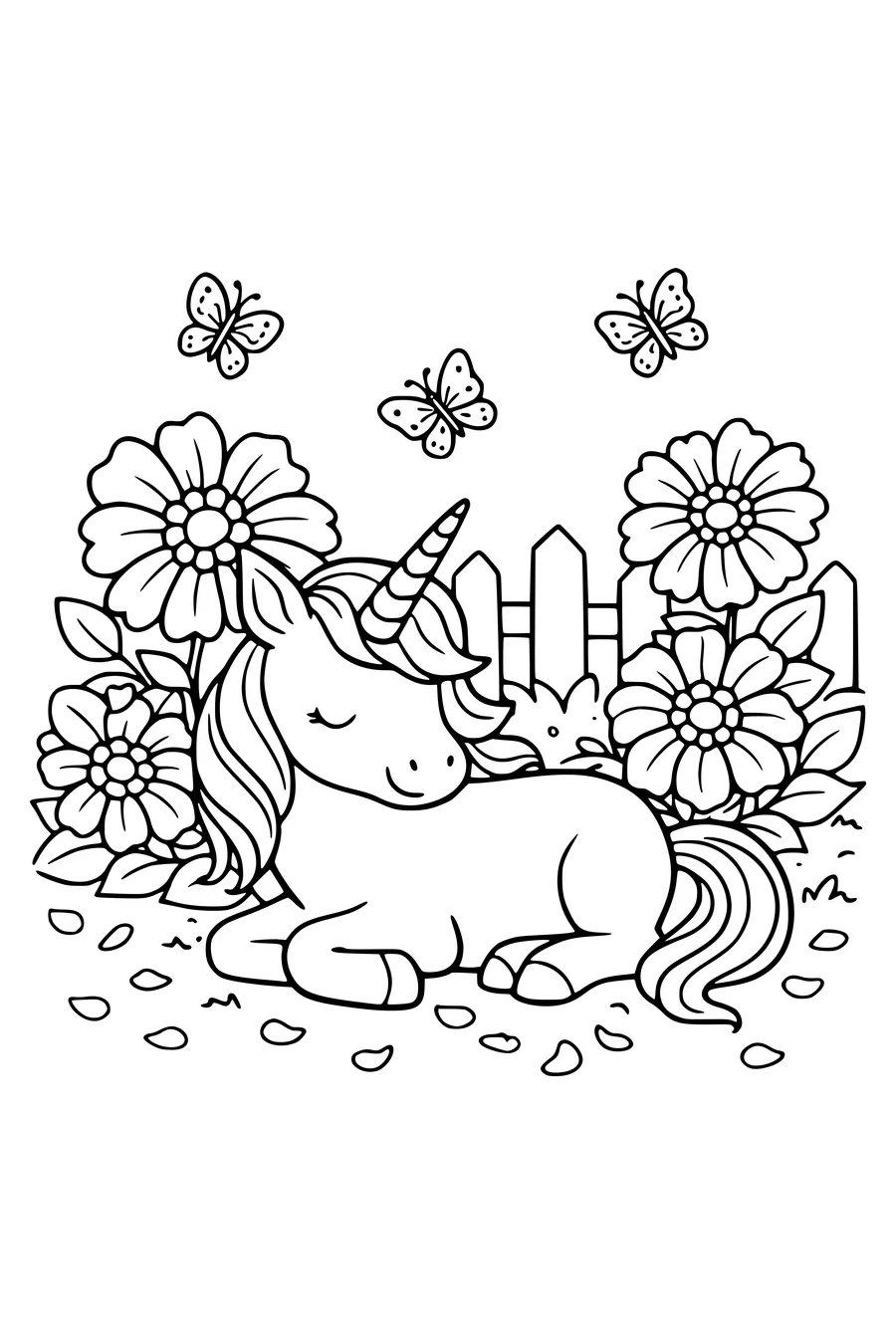 Coloring page of a unicorn lying in a garden of large flowers