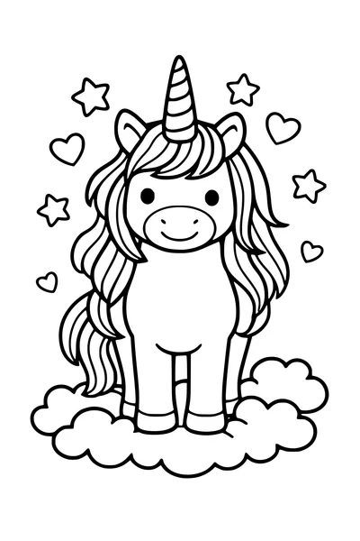 Coloring page of a unicorn with a long flowing mane and stars