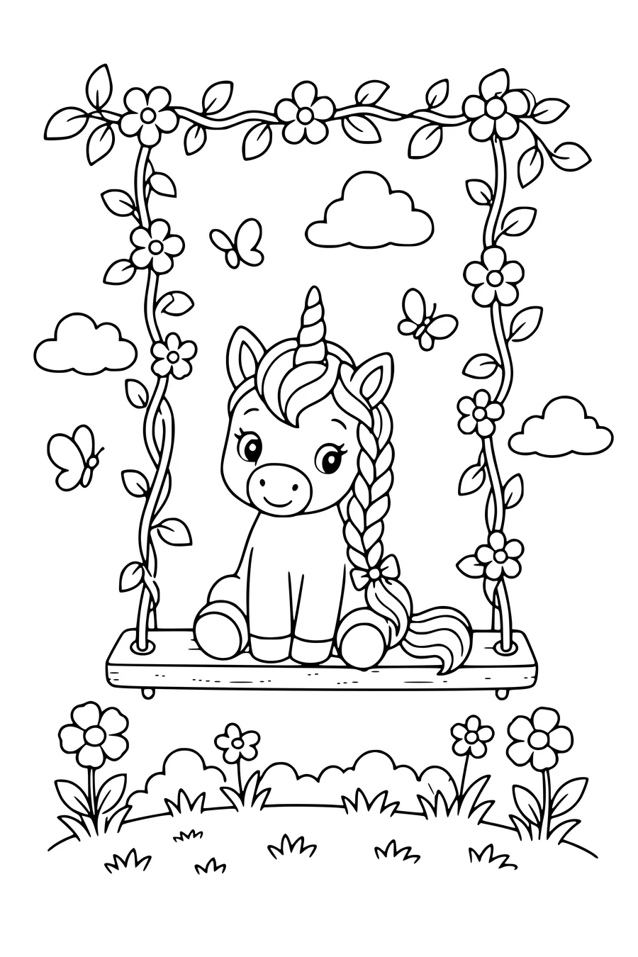 Medium coloring page of a small unicorn on a swing covered in flowers