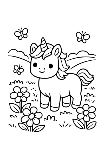 Coloring page of a unicorn foal in a meadow of flowers with butterflies