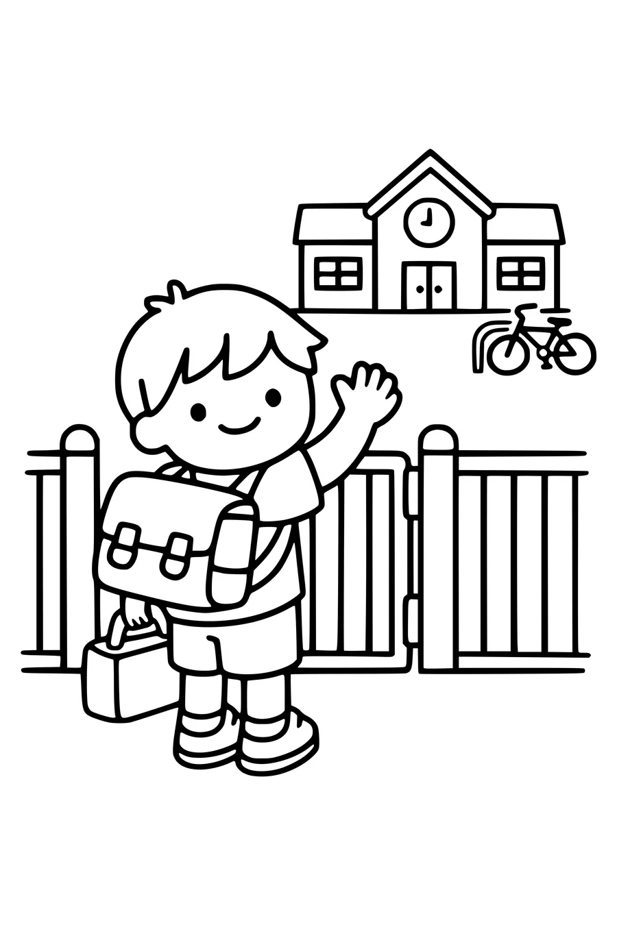 Coloring page of a child waving at the school gate with a satchel