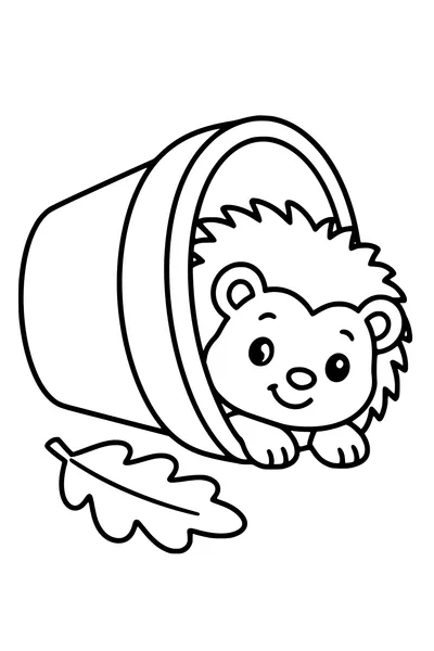 A friendly hedgehog peeks from a large flowerpot lying on its side, one fallen leaf nearby.