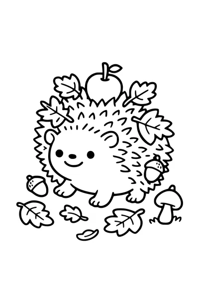 Coloring page of a hedgehog walking through autumn leaves