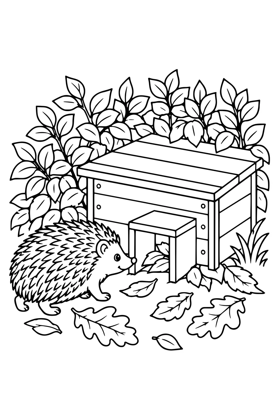 Une maisonnette en bois pour hérisson sous une haie, à côté de feuilles sèches.