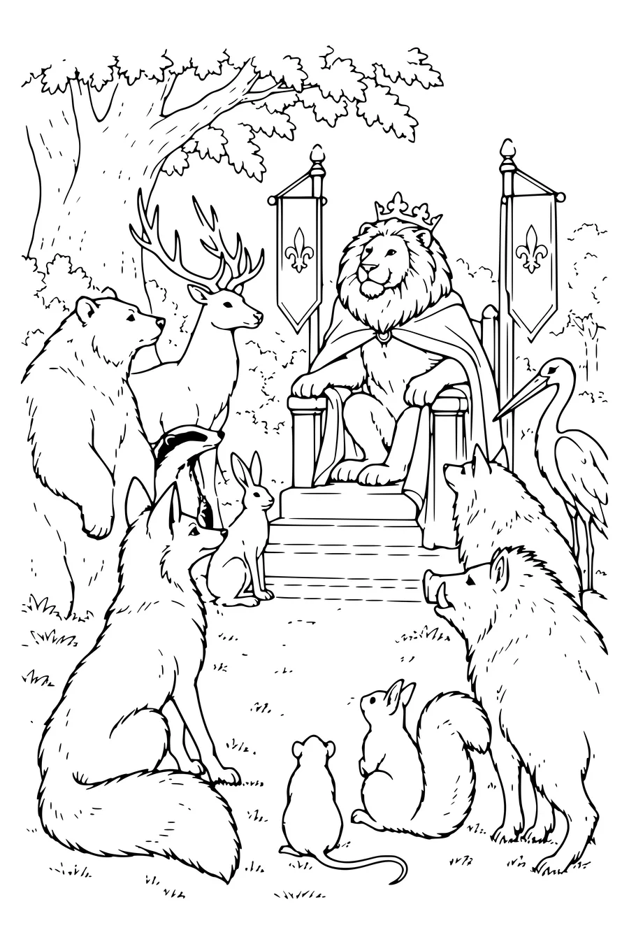 Coloring page: The Animals Gather at Court.