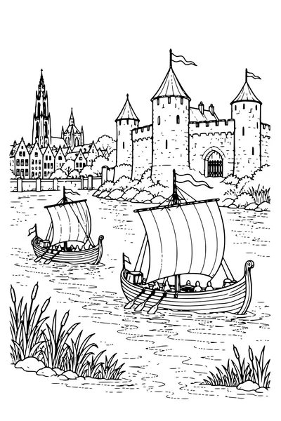 Ausmalbild: Segelboote fahren an der Burg vorbei.