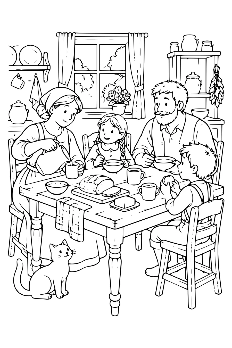 Coloriage : La famille d'Afke à la table de cuisine.