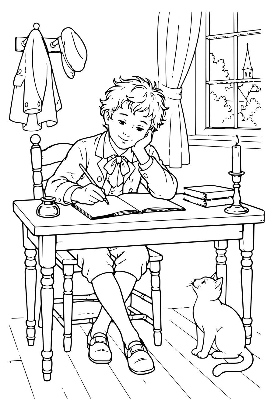 Coloring page: Woutertje with His Notebook.