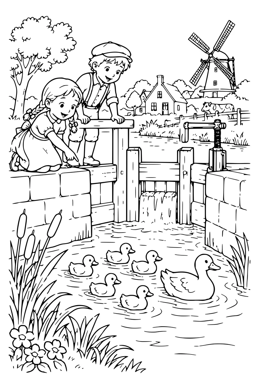 Coloriage : Des enfants comptent les canetons près de l'écluse.