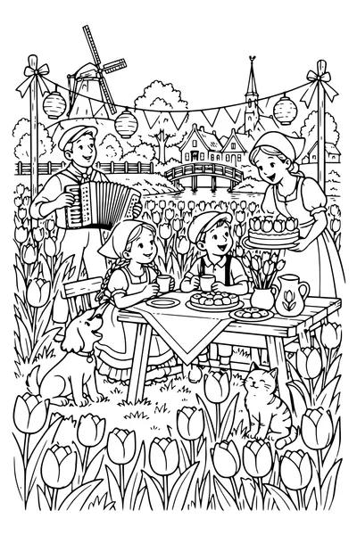 Kleurplaat: Een tuinfeest tussen de tulpen.