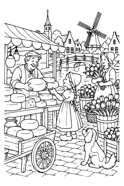 Kleurplaat: Een markt met kaas en bloemen.