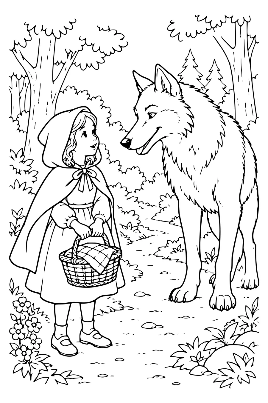 Ausmalbild: Rotkäppchen begegnet dem Wolf.
