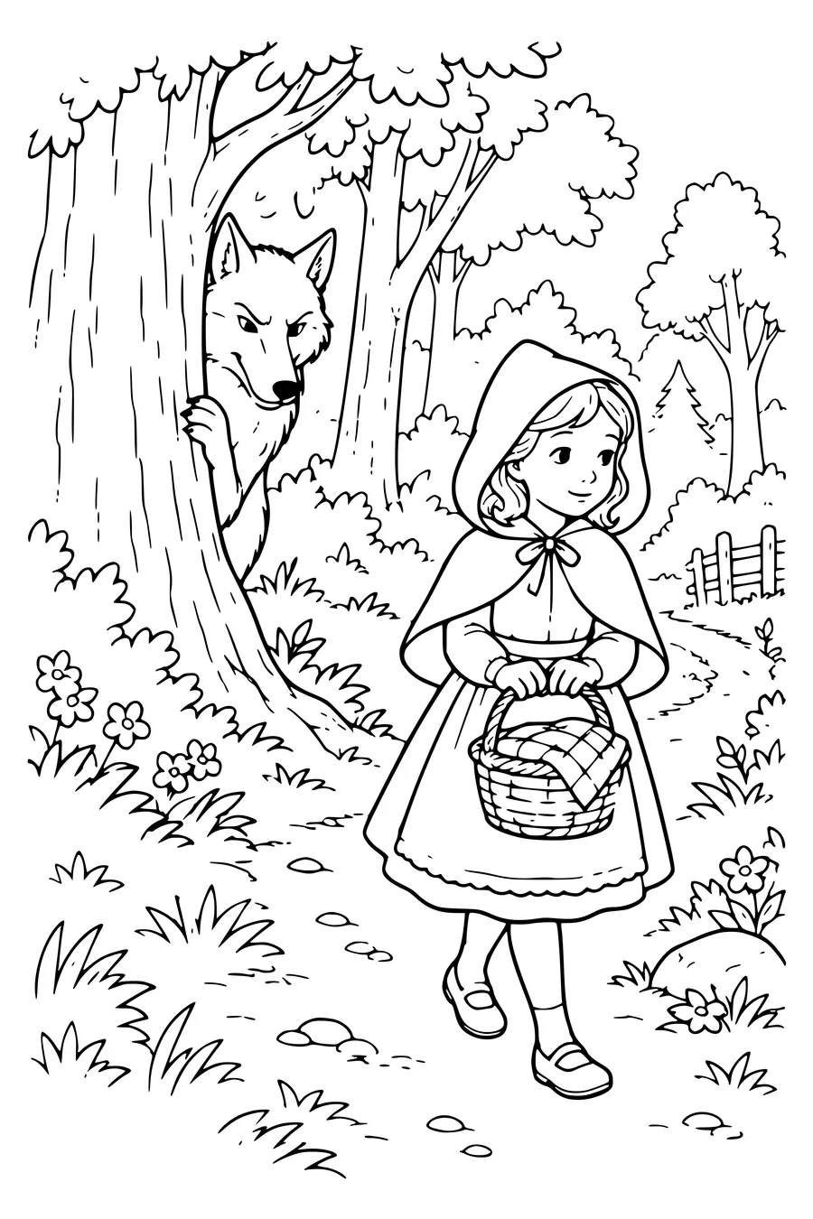 Coloriage : Le loup derrière un arbre.