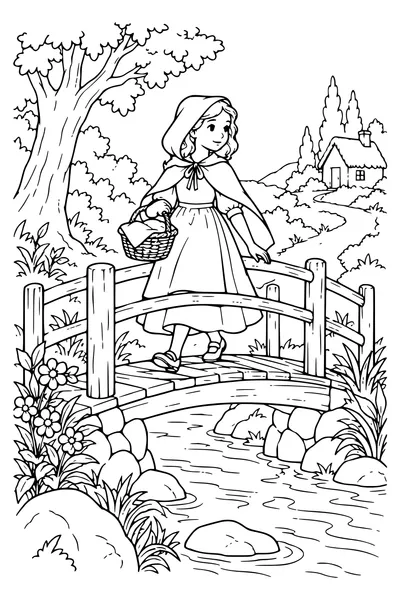Ausmalbild: Rotkäppchen überquert eine kleine Brücke.