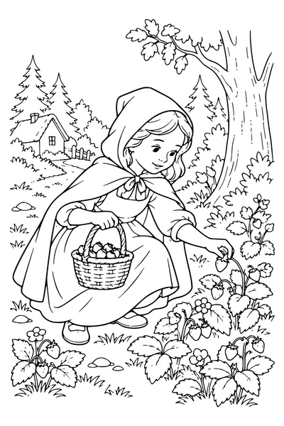Ausmalbild: Rotkäppchen pflückt Walderdbeeren.
