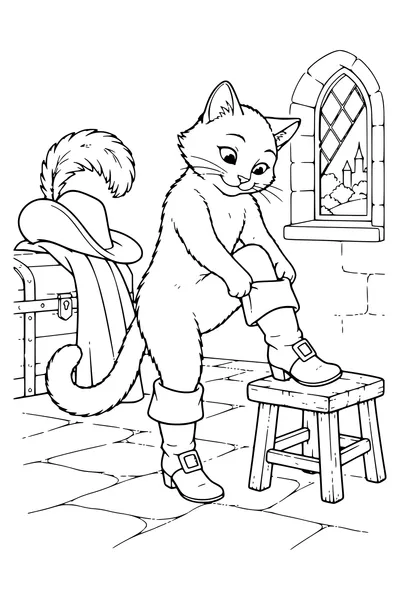 Ausmalbild: Der Kater zieht seine Stiefel an.