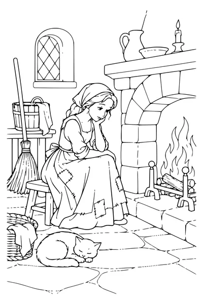 Ausmalbild: Aschenputtel am Kamin.