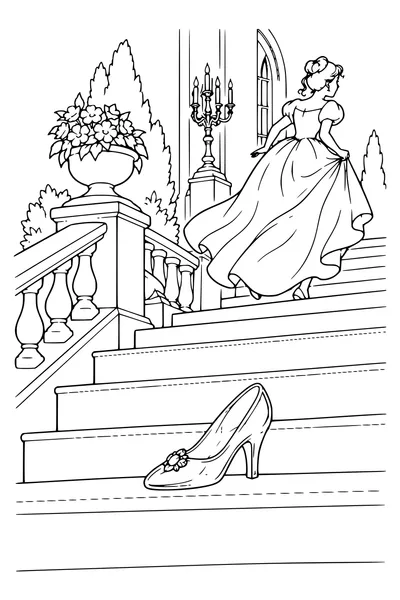 Ausmalbild: Der Glasschuh auf der Treppe.