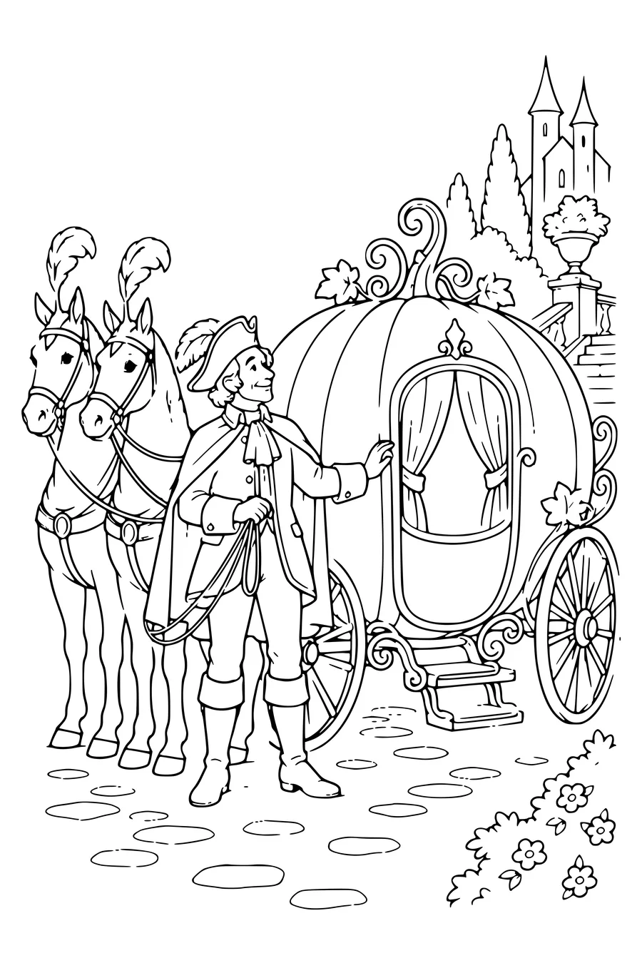 Coloriage : Un cocher près du carrosse-citrouille.