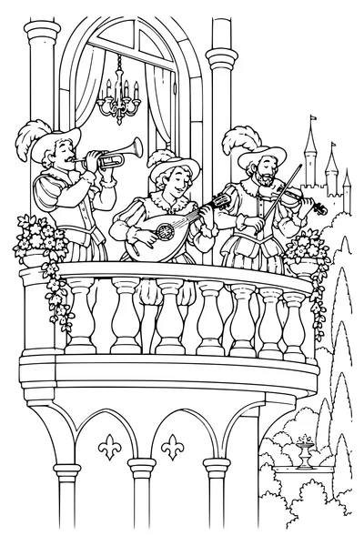 Ausmalbild: Musiker auf dem Palastbalkon.