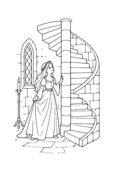 Ausmalbild: Dornröschen entdeckt die Turmtreppe.
