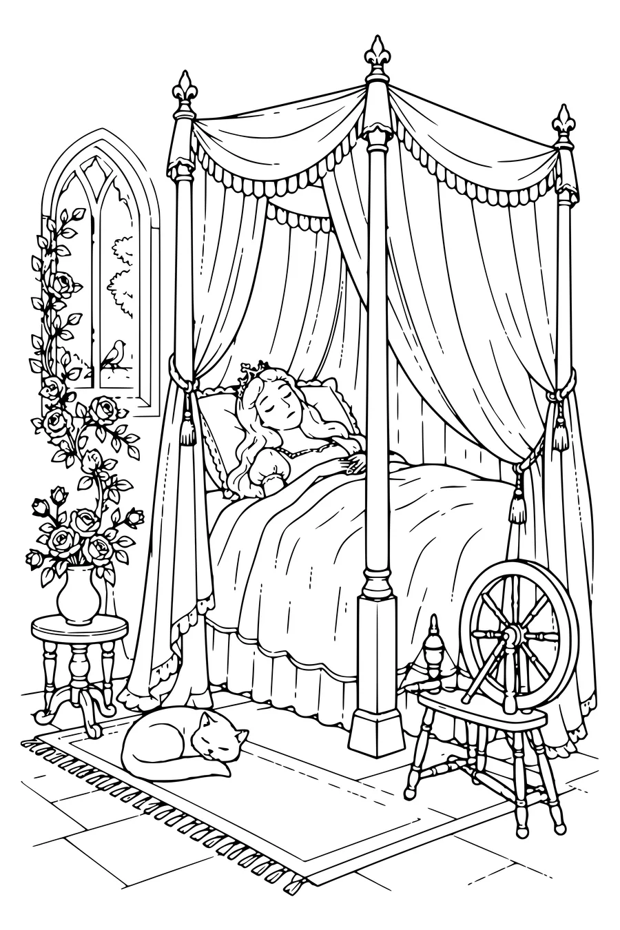 Coloring page: Sleeping Beauty Rests Beneath a Canopy.