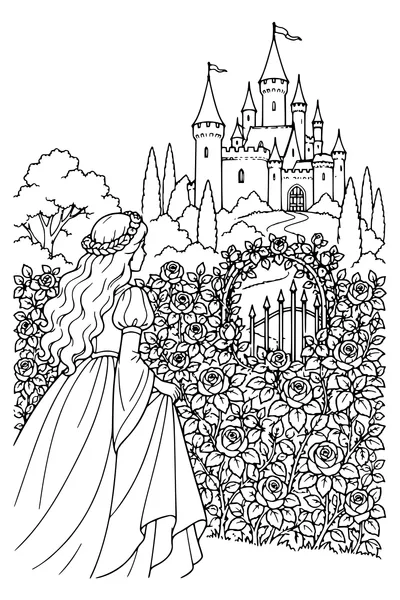 Ausmalbild: Das Schloss hinter einer Rosenhecke.