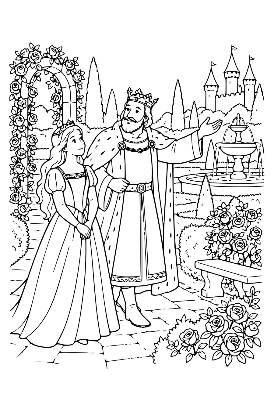 Coloriage : Le roi montre le jardin à sa fille.