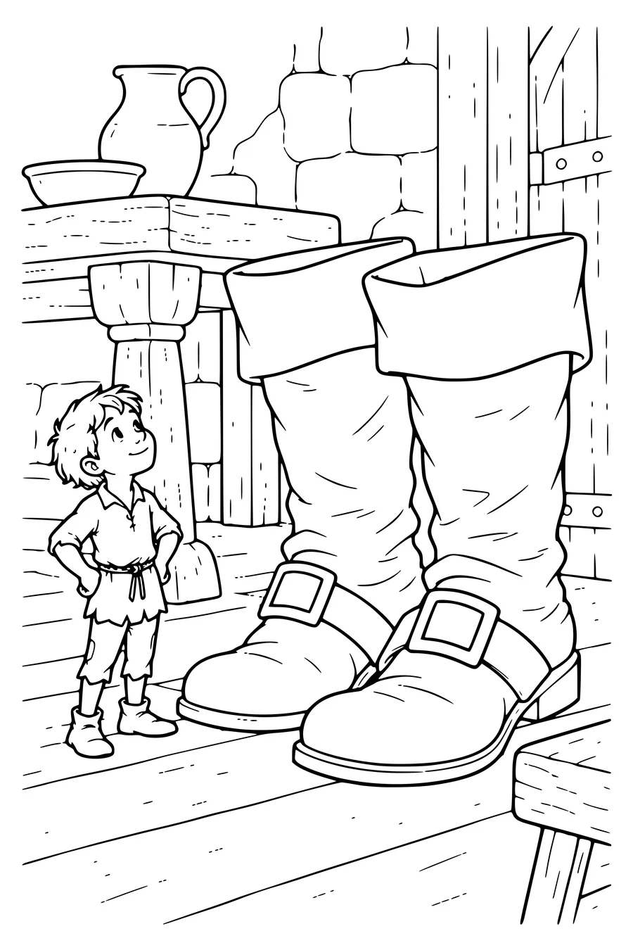 Coloriage : Le Petit Poucet près des bottes du géant.
