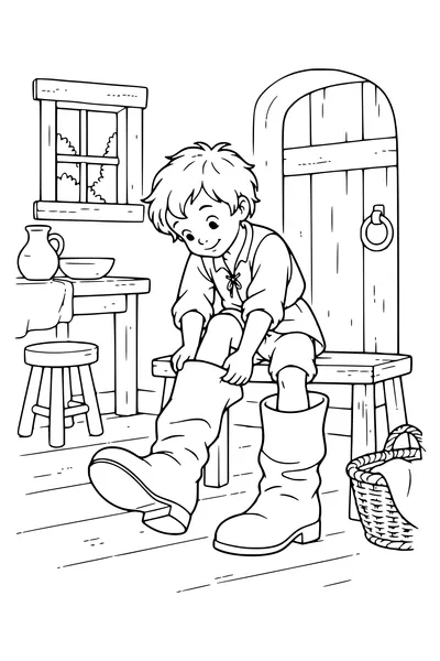 Ausmalbild: Der kleine Däumling zieht große Stiefel an.