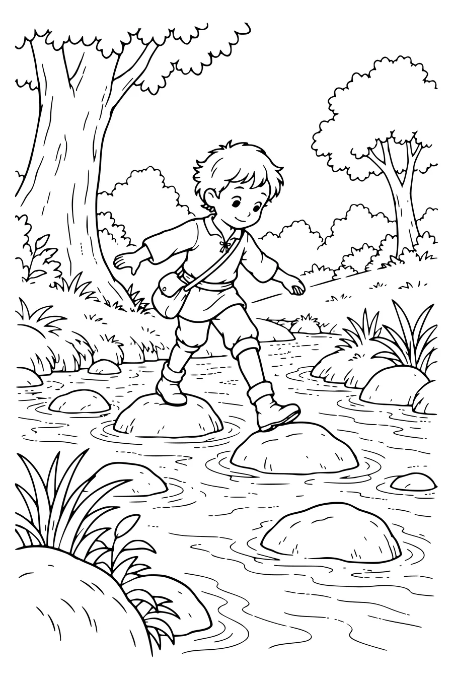 Coloriage : Le Petit Poucet traverse un ruisseau.